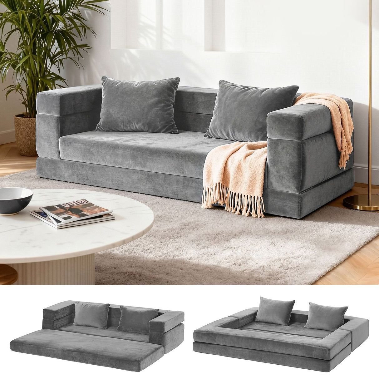 Elodie Velvet Sofa Bed, Grey