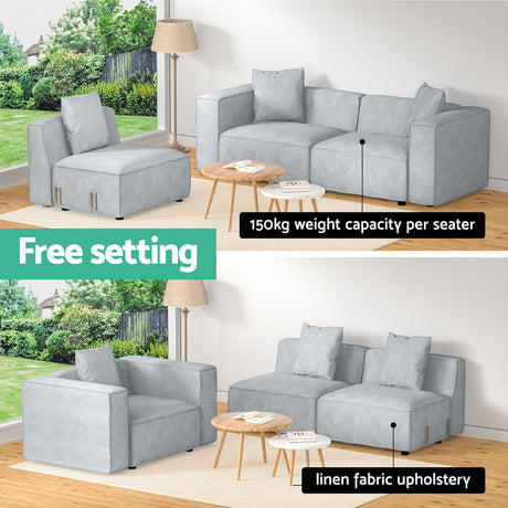 Artiss ALVIN 3-Seater Modular Sofa Chaise — Soft Linen, Grey — Allure Home Collections