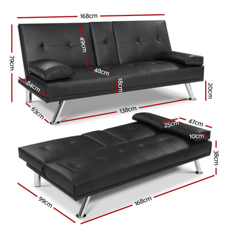 Artiss Black PU Leather 3-Seater Sofa Bed — 168cm, Cinema Lounge Style — Allure Home Collections