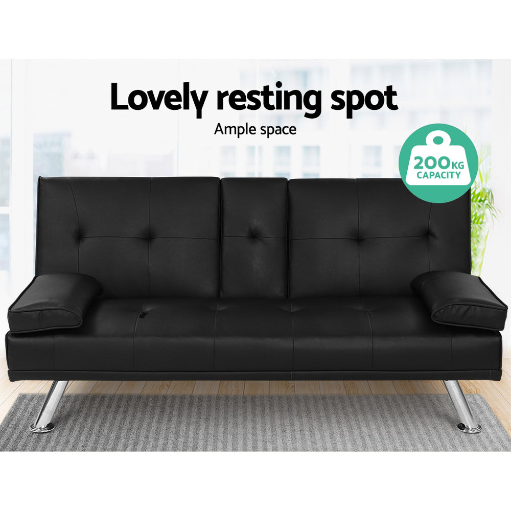 Artiss Black PU Leather 3-Seater Sofa Bed — 168cm, Cinema Lounge Style — Allure Home Collections
