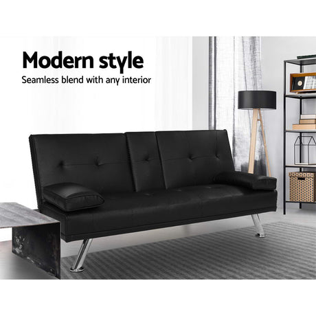 Artiss Black PU Leather 3-Seater Sofa Bed — 168cm, Cinema Lounge Style — Allure Home Collections