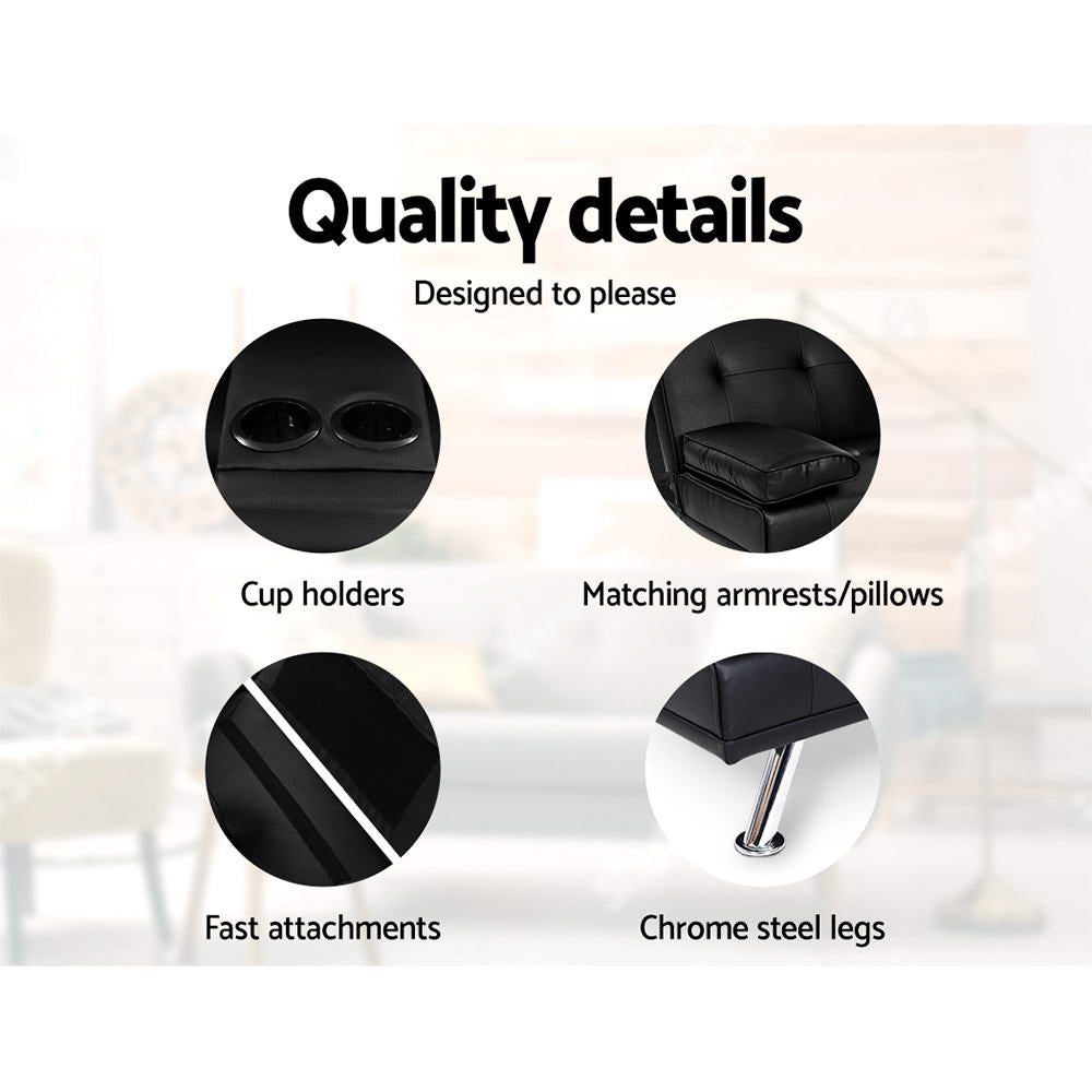 Artiss Black PU Leather 3-Seater Sofa Bed — 168cm, Cinema Lounge Style — Allure Home Collections