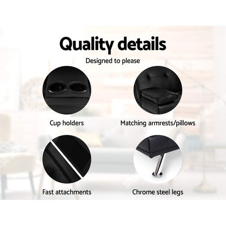 Artiss Black PU Leather 3-Seater Sofa Bed — 168cm, Cinema Lounge Style — Allure Home Collections