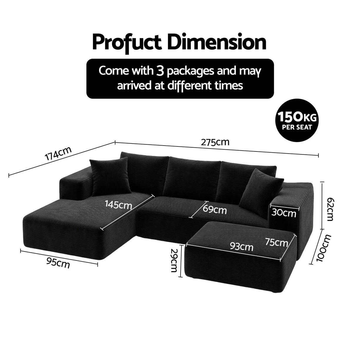 Tavernes 5 Seater Modular Sofa, Black
