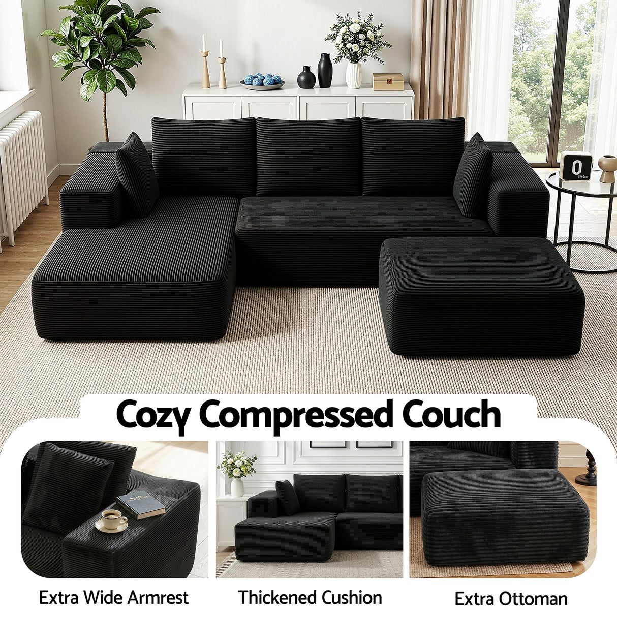 Tavernes 5 Seater Modular Sofa, Black