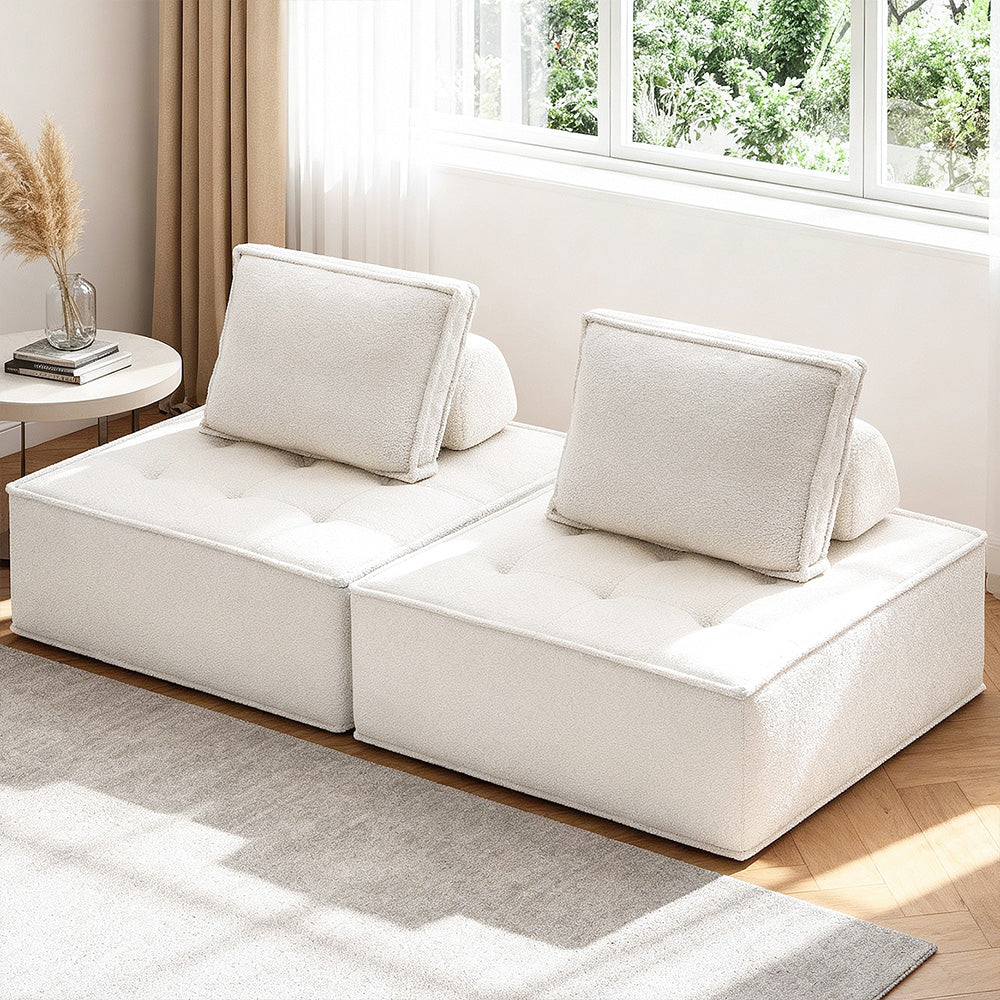 Motril white boucle fabric floor sofa in a modern living room