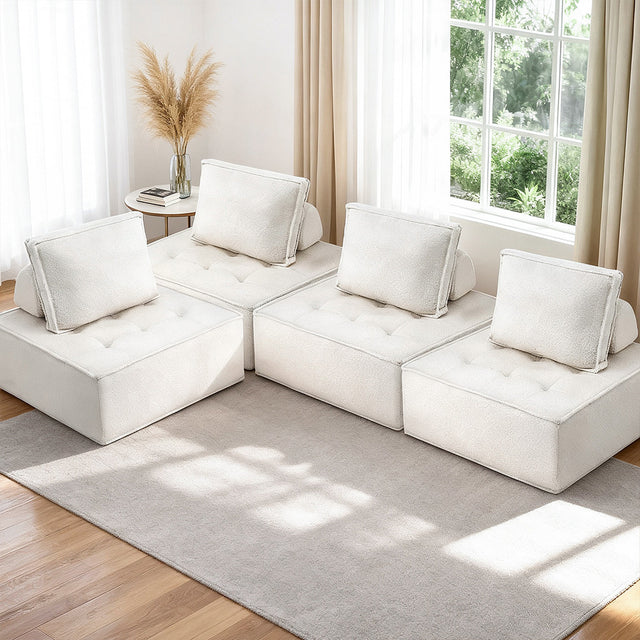 Motril white boucle fabric floor sofa in a modern living room