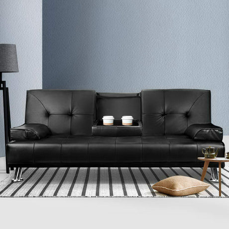 Artiss Luxurious 3-Seater PU Leather Convertible Sofa Bed with Cup Holder — Allure Home Collections