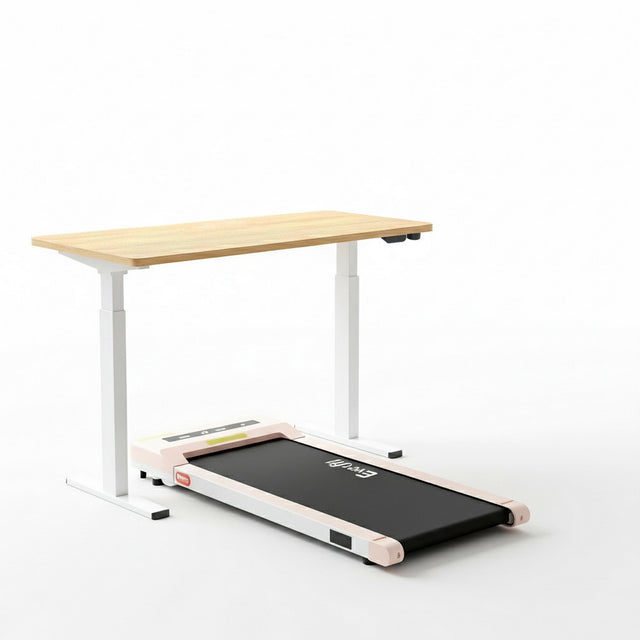 Kingston oak electric standing desk with walking pad in a home office