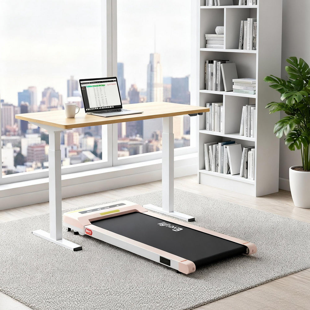Kingston oak electric standing desk with walking pad in a home office