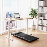 Kingston oak electric standing desk with walking pad in a home office