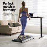 Red Hill white standing desk with walking pad in a home office