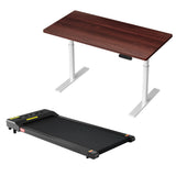 Deakin walnut electric standing desk with walking pad in a home office