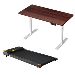 Deakin walnut electric standing desk with walking pad in a home office