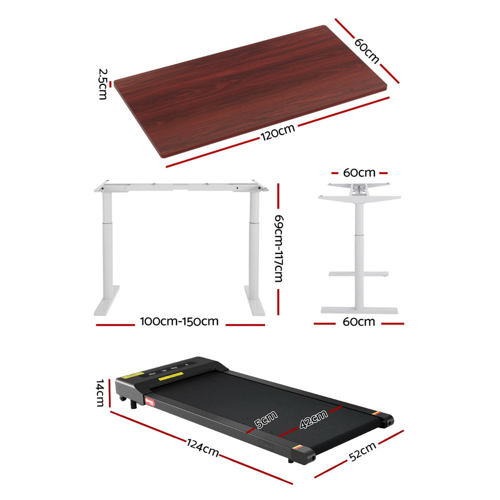 Deakin walnut electric standing desk with walking pad in a home office