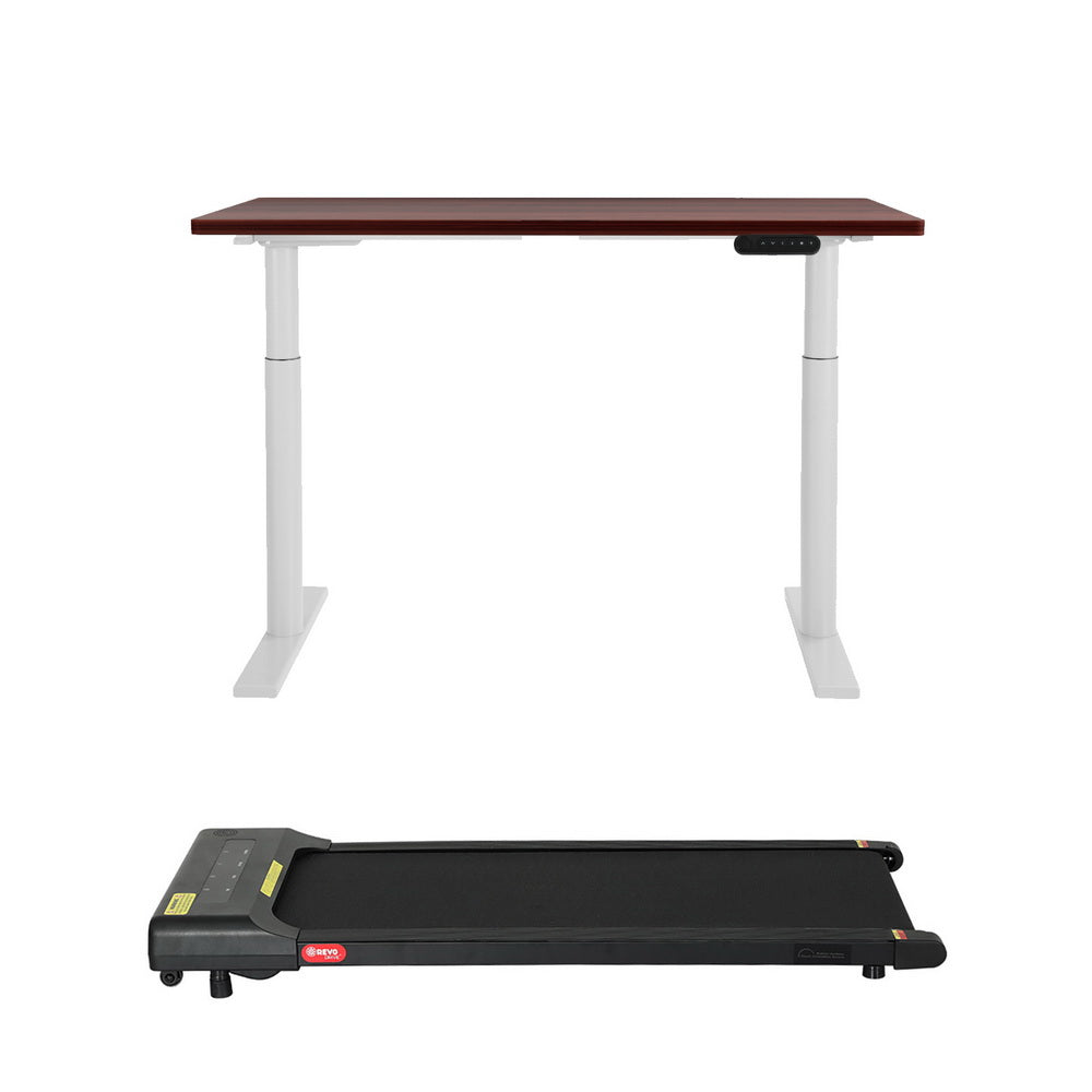 Deakin walnut electric standing desk with walking pad in a home office