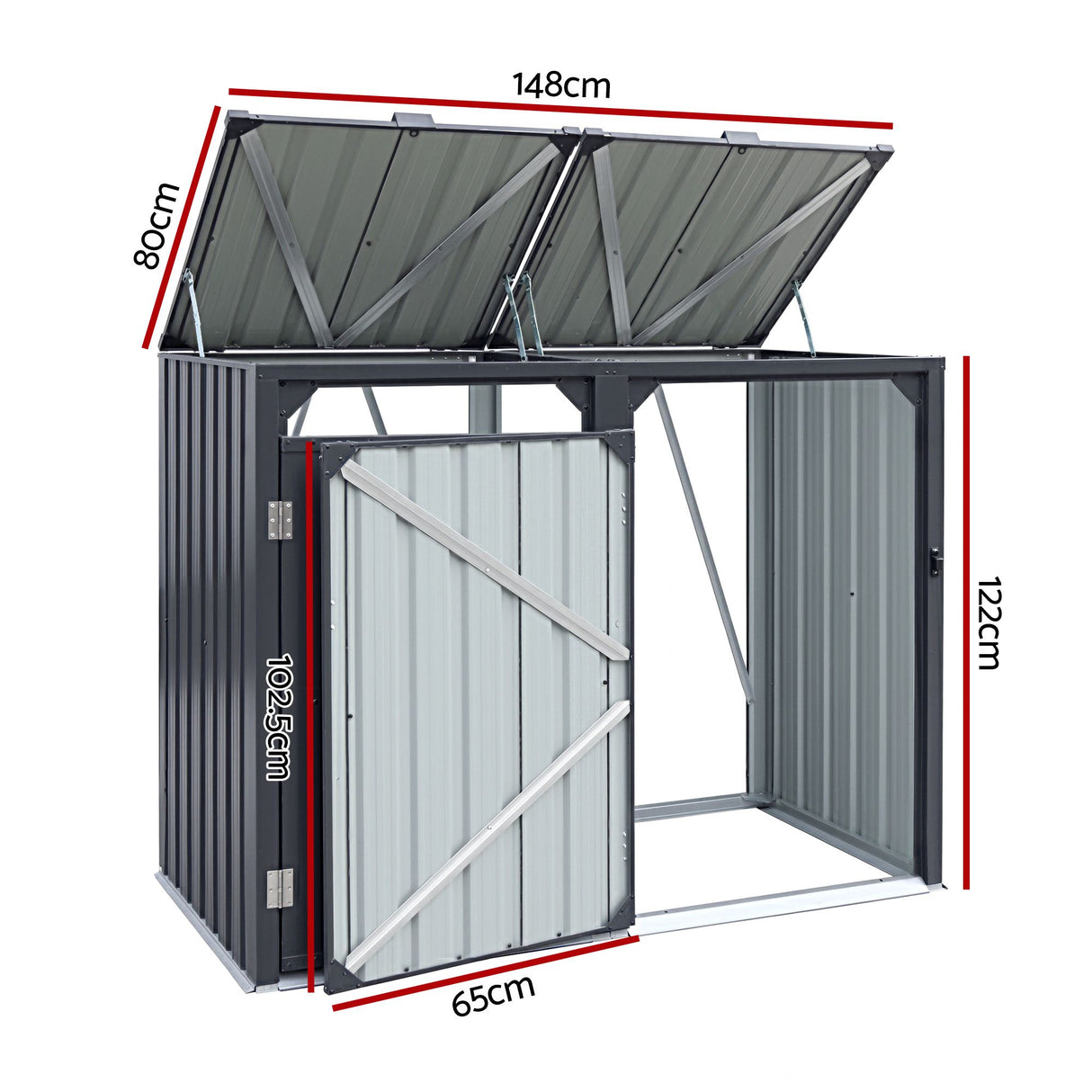 Grey steel double wheelie bin storage shed (view 2)