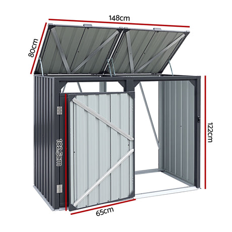 Grey steel double wheelie bin storage shed (view 2)
