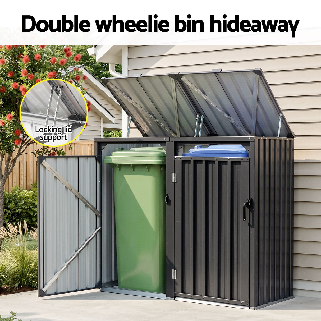 Grey steel double wheelie bin storage shed (view 4)