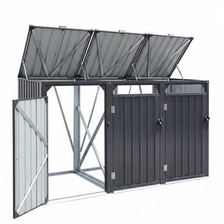 Grey steel triple wheelie bin storage shed