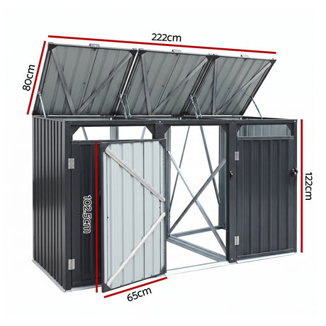Grey steel triple wheelie bin storage shed (view 2)