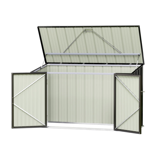 Norseman galvanised steel double door bike shed along a fence line