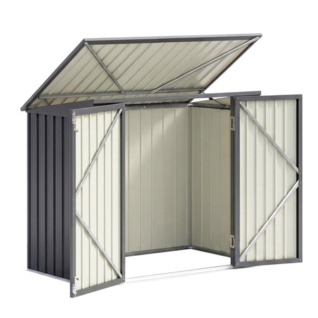 Grey steel wheelie bin storage enclosure with gas struts