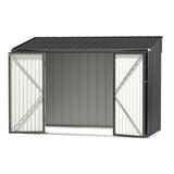Outdoor grey galvanised steel garden shed, front view