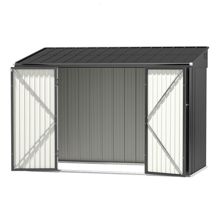 Outdoor grey galvanised steel garden shed, front view