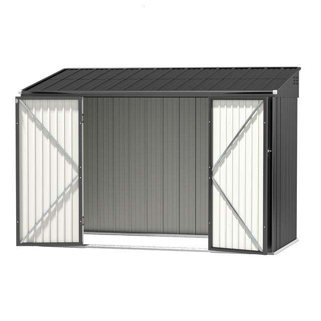 Outdoor grey galvanised steel garden shed, front view