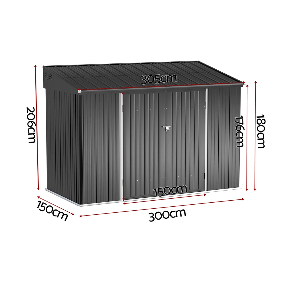 Grey steel garden shed doors open showing interior
