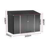 Grey steel garden shed doors open showing interior