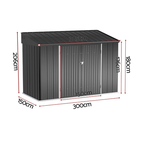 Grey steel garden shed doors open showing interior