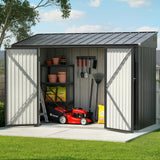 Grey steel garden shed in backyard setting