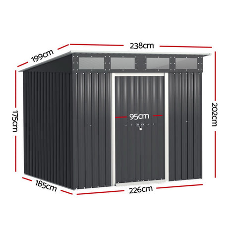 Steel garden shed doors open showing interior
