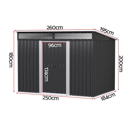 Steel garden shed doors open showing interior