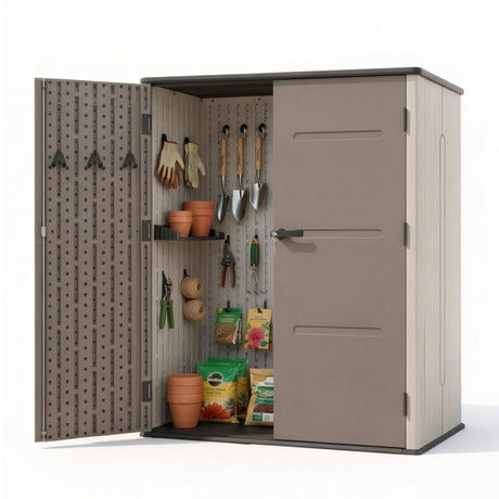 Outdoor garden storage shed in grey and brown HDPE resin, front view