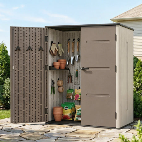 Grey and brown resin garden shed in backyard setting