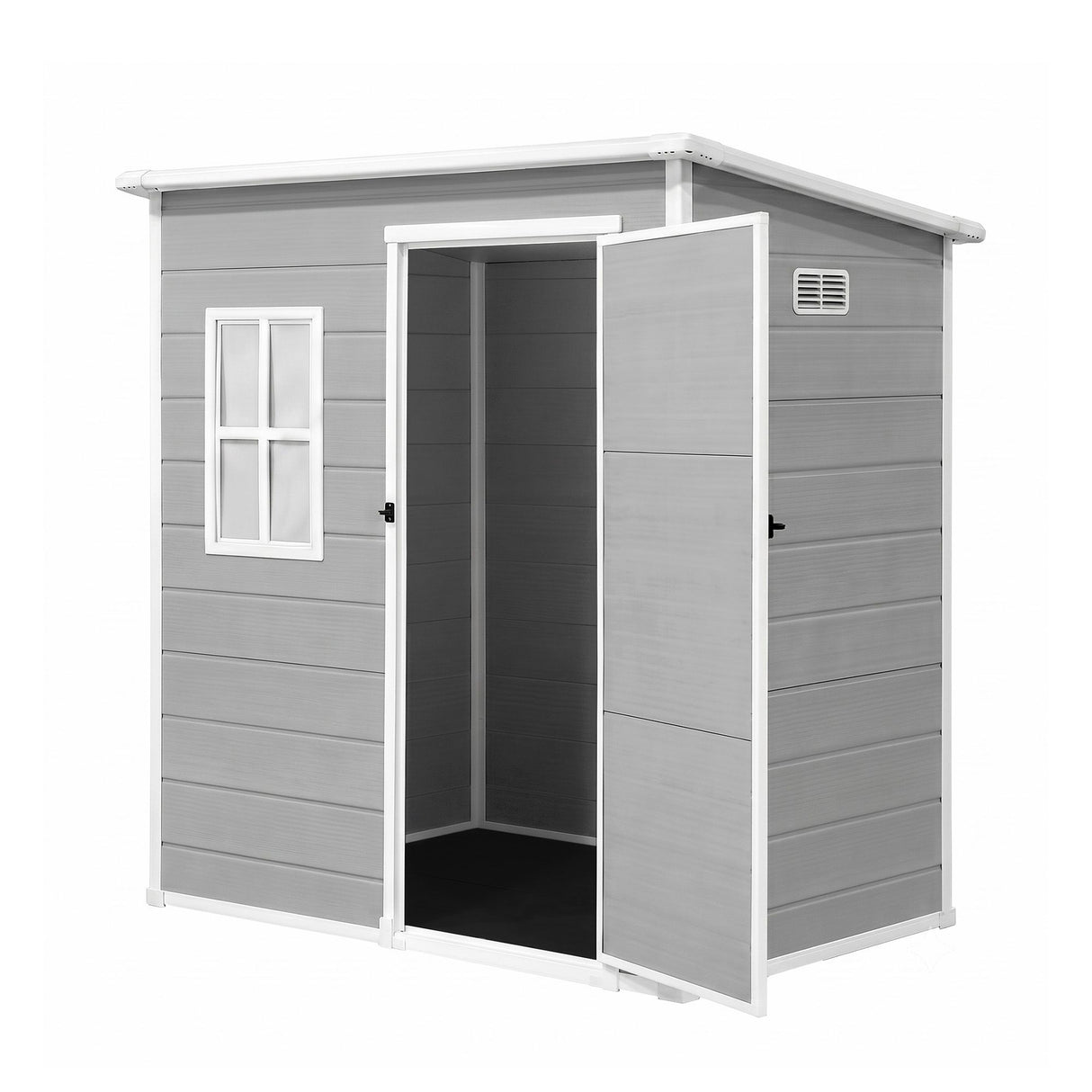 Grey resin garden storage shed with single hinged door