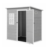 Grey resin garden storage shed with single hinged door