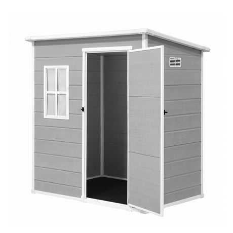 Grey resin garden storage shed with single hinged door