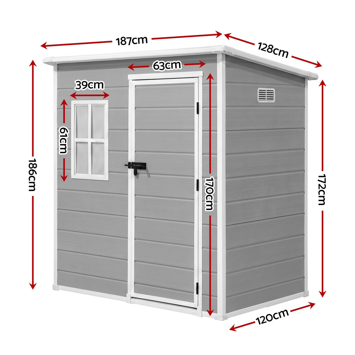Resin garden shed side profile showing sloped roof