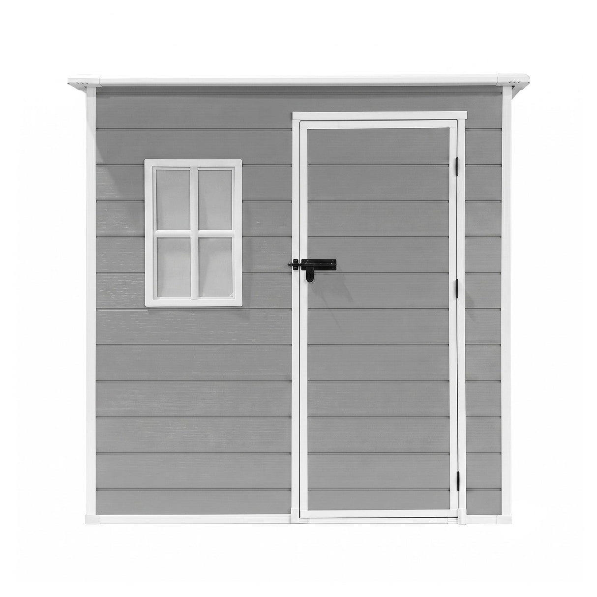 Garden storage shed door open showing interior space