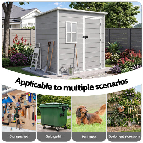 Resin garden shed shown in backyard setting
