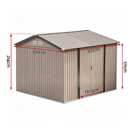 Brown steel garden shed with double hinged doors open