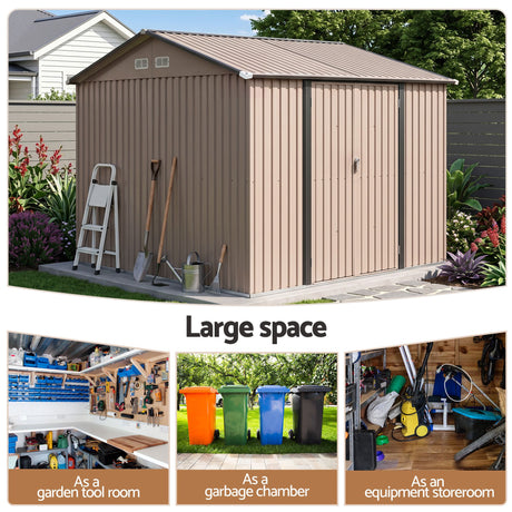 Brown garden shed lockable L handle close up