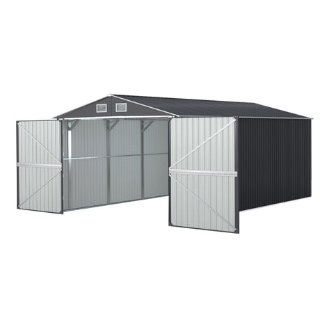 Large galvanised steel garden shed in backyard setting