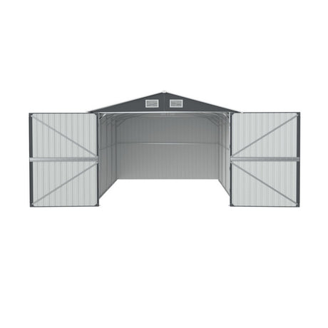 Galvanised steel garden shed side view with gable roof