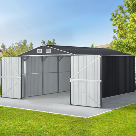 Large outdoor galvanised steel garden shed with gable roof, front view
