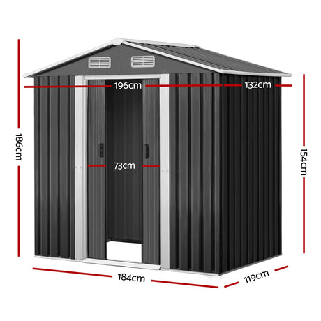 Garden Shed 1.96 x 1.32M Galvanised Steel with Sliding Doors - Grey
